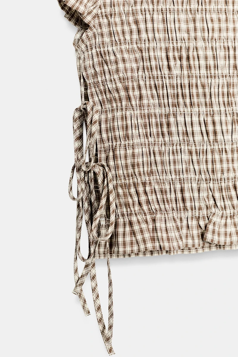 PLAID POPLIN RUCHED TOP