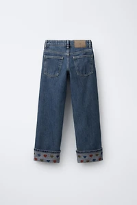 HEART PRINT STRAIGHT LEG JEANS