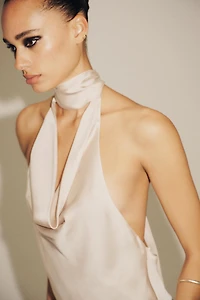 FRINGED HALTER SATIN EFFECT TOP
