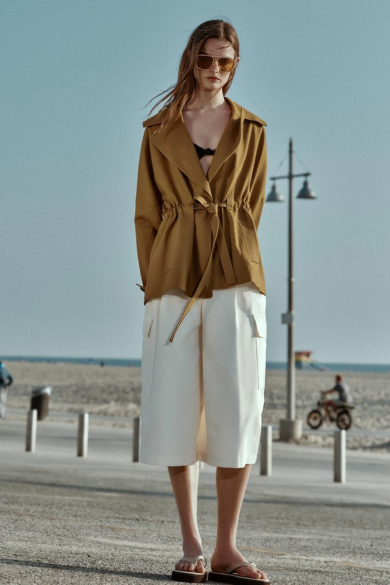LINEN BLEND BELTED TRENCH JACKET