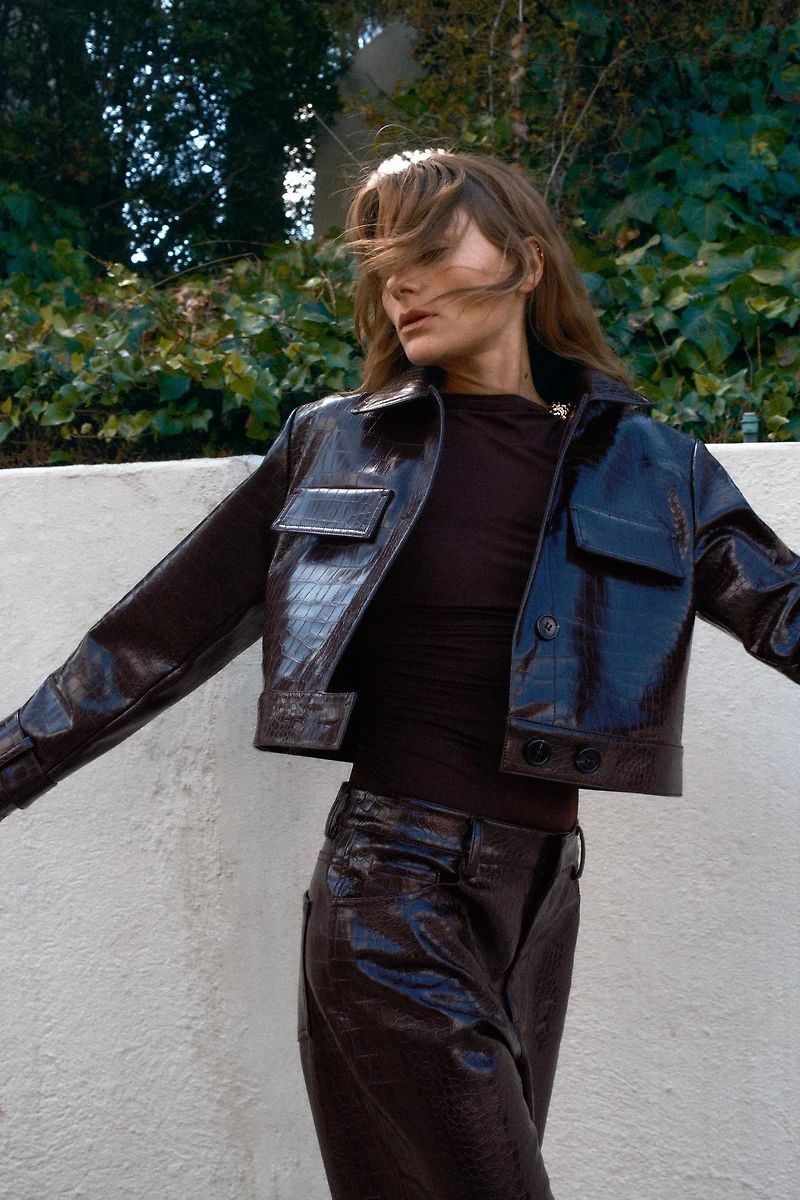 CROPPED FAUX LEATHER ANIMAL EMBOSSED JACKET