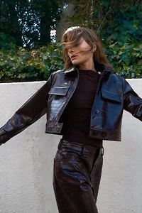 CROPPED FAUX LEATHER ANIMAL EMBOSSED JACKET