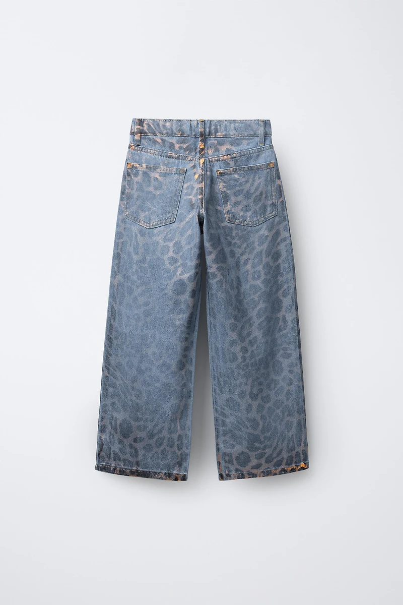 SHINY ANIMAL PRINT WIDE LEG JEANS