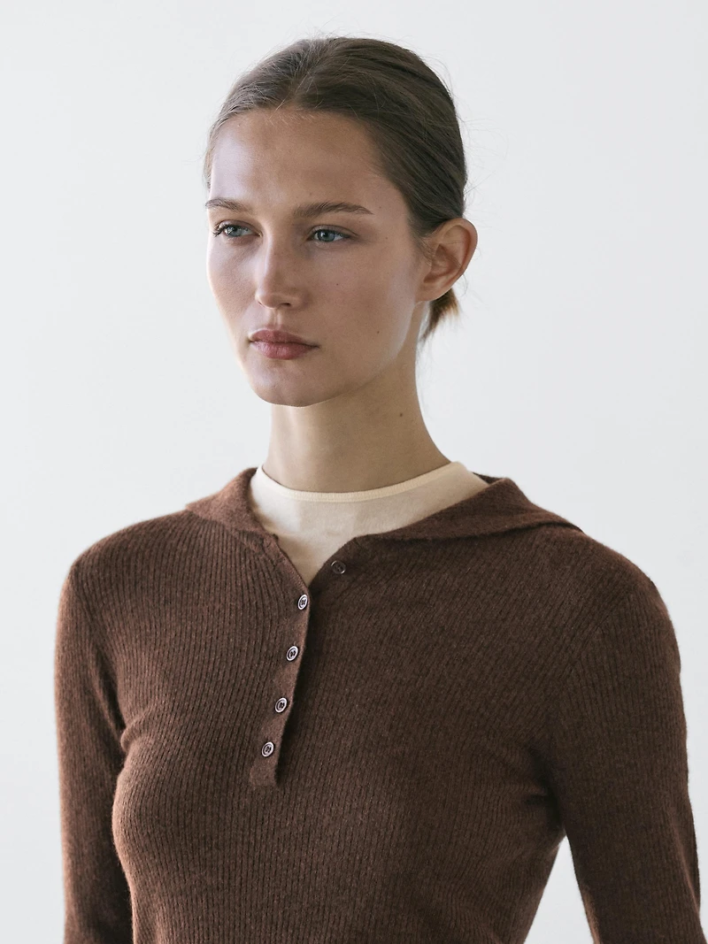 Pull polo en maille chinée à col fantaisie