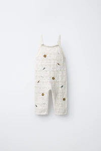 EMBROIDERED FLORAL KNIT OVERALLS
