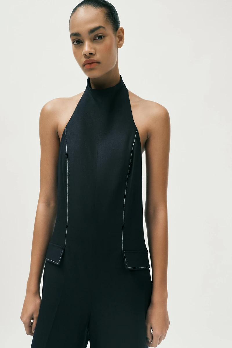 LINEN HALTER JUMPSUIT WITH CONTRAST TOPSTITCHING
