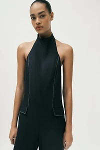 LINEN HALTER JUMPSUIT WITH CONTRAST TOPSTITCHING