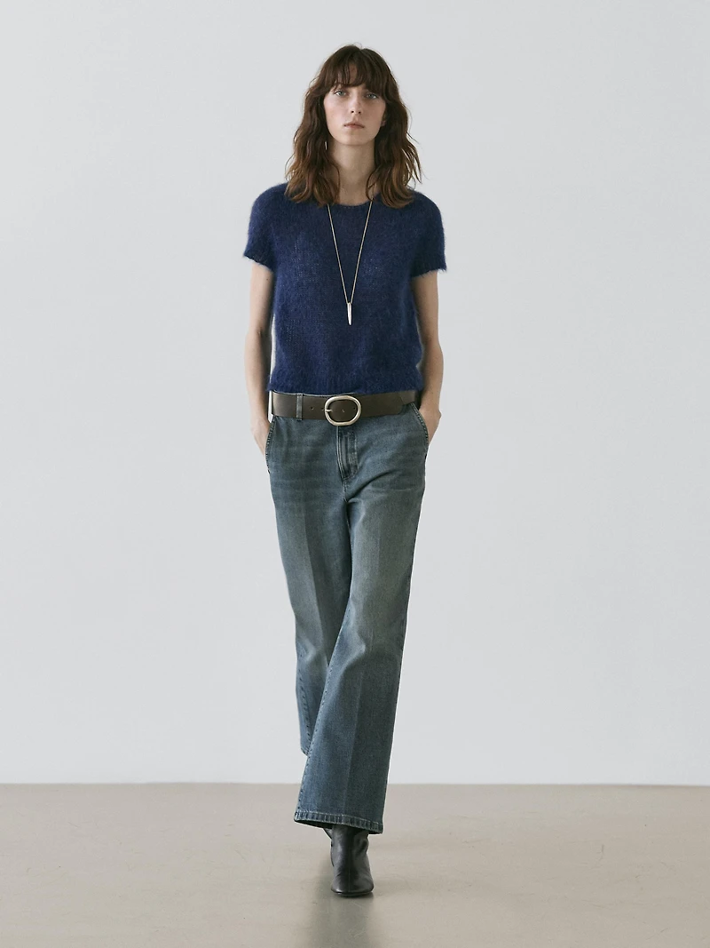 Short sleeve knit alpaca blend sweater