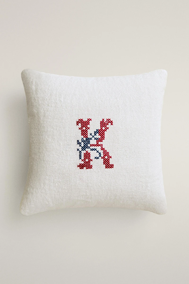 LETTER K EMBROIDERED LINEN CUSHION