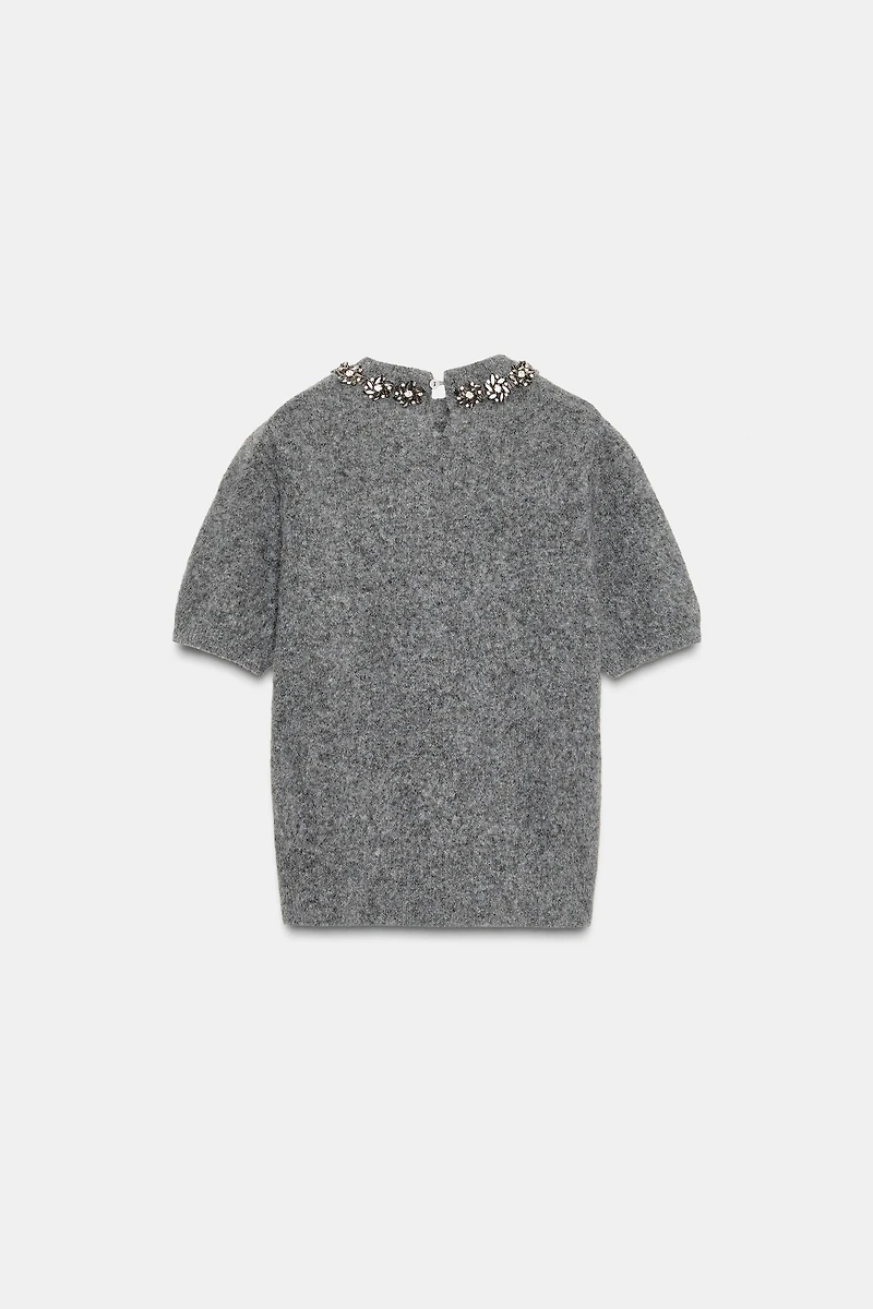 SHORT SLEEVE JEWEL BEAD KNIT JUMPER