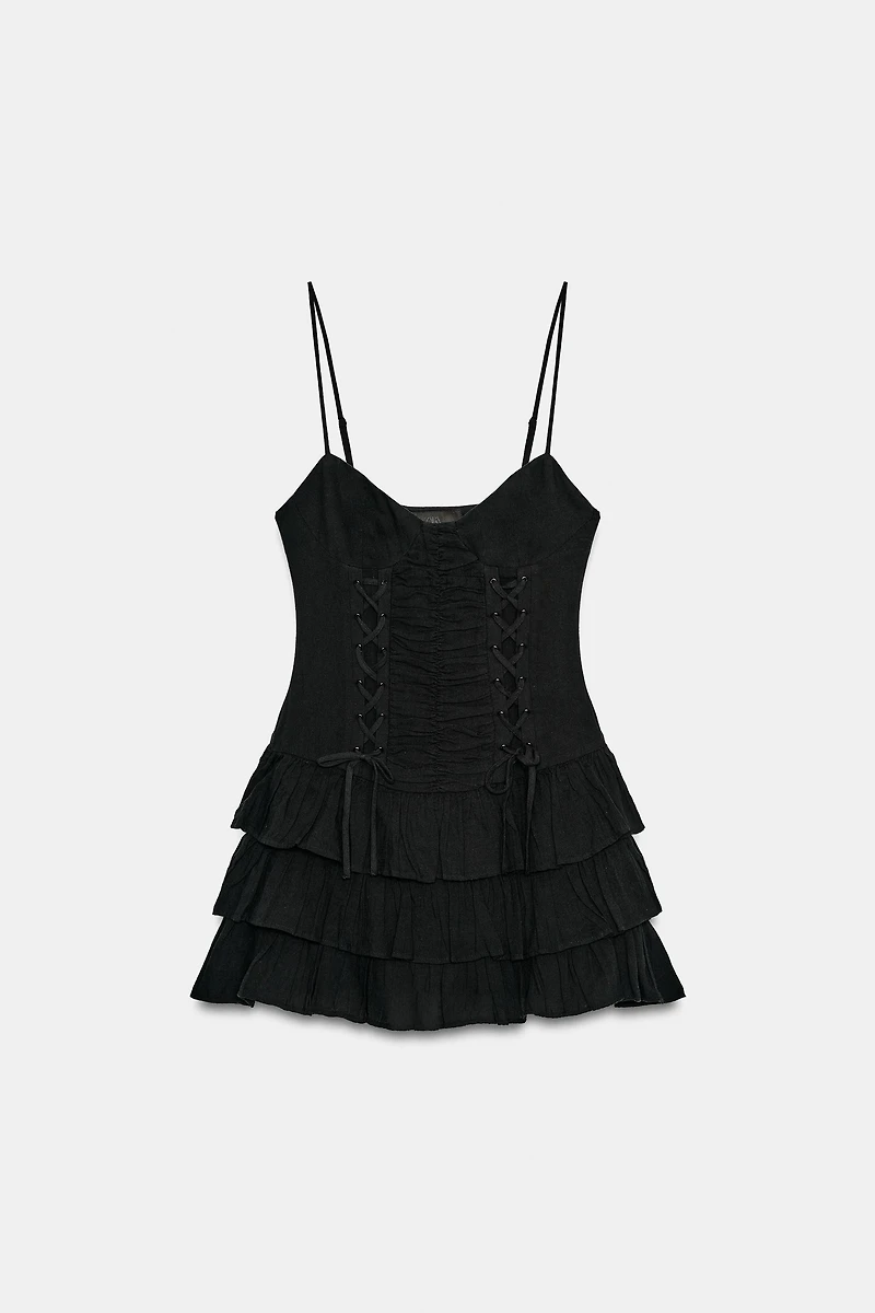 LACE-UP RUFFLE MINI DRESS