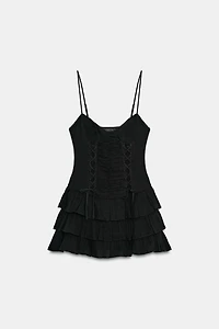 LACE-UP RUFFLE MINI DRESS