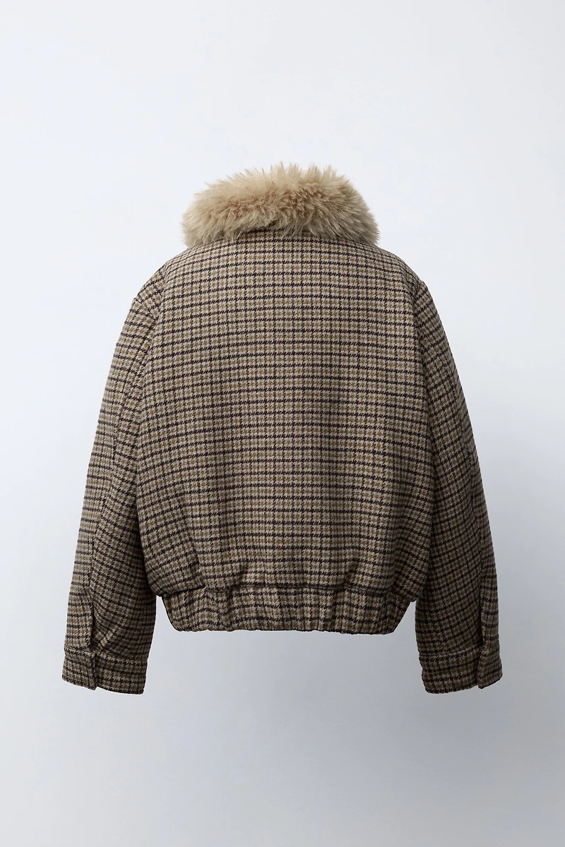 PLAID FAUX FUR COLLAR BOMBER JACKET