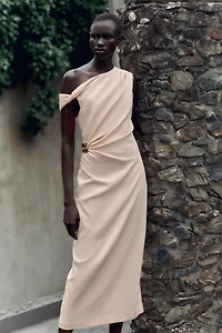 ASYMMETRIC LINEN-BLEND MIDI DRESS WITH APPLIQUÉ