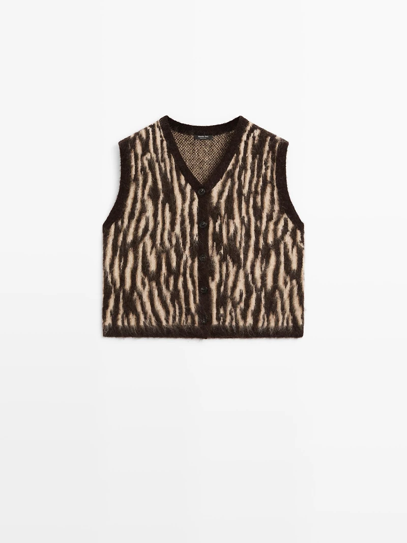 Veste sans manches en maille de laine mélangée à imprimé animal