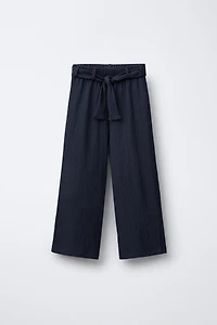 TEXTURED WIDE LEG BELTED PANTS