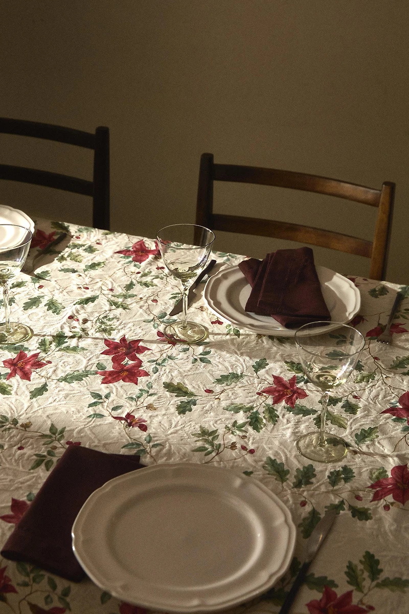 CHRISTMAS FLORAL JACQUARD COTTON TABLECLOTH