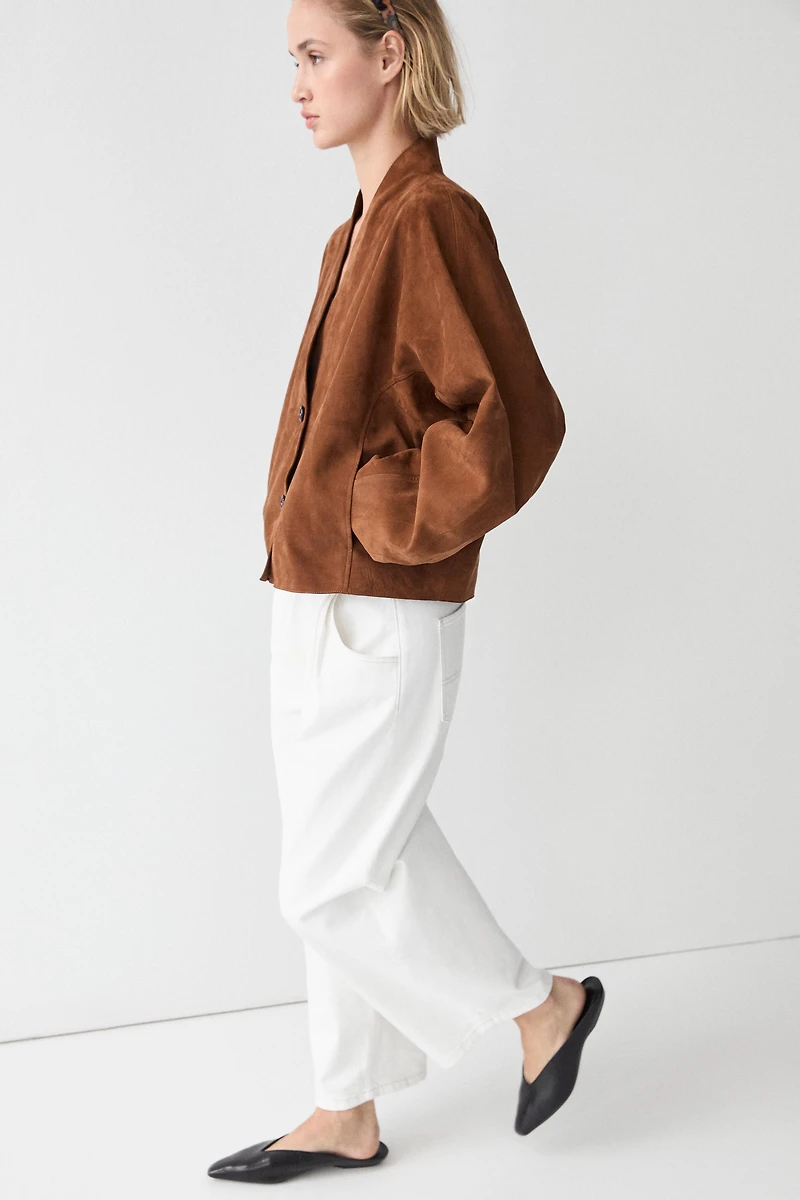 Veste à col en V cuir daim