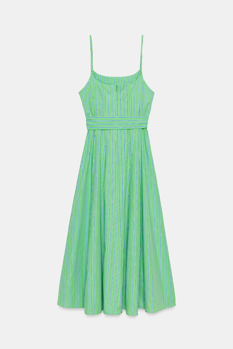 STRIPED BELTED MIDI DRESS