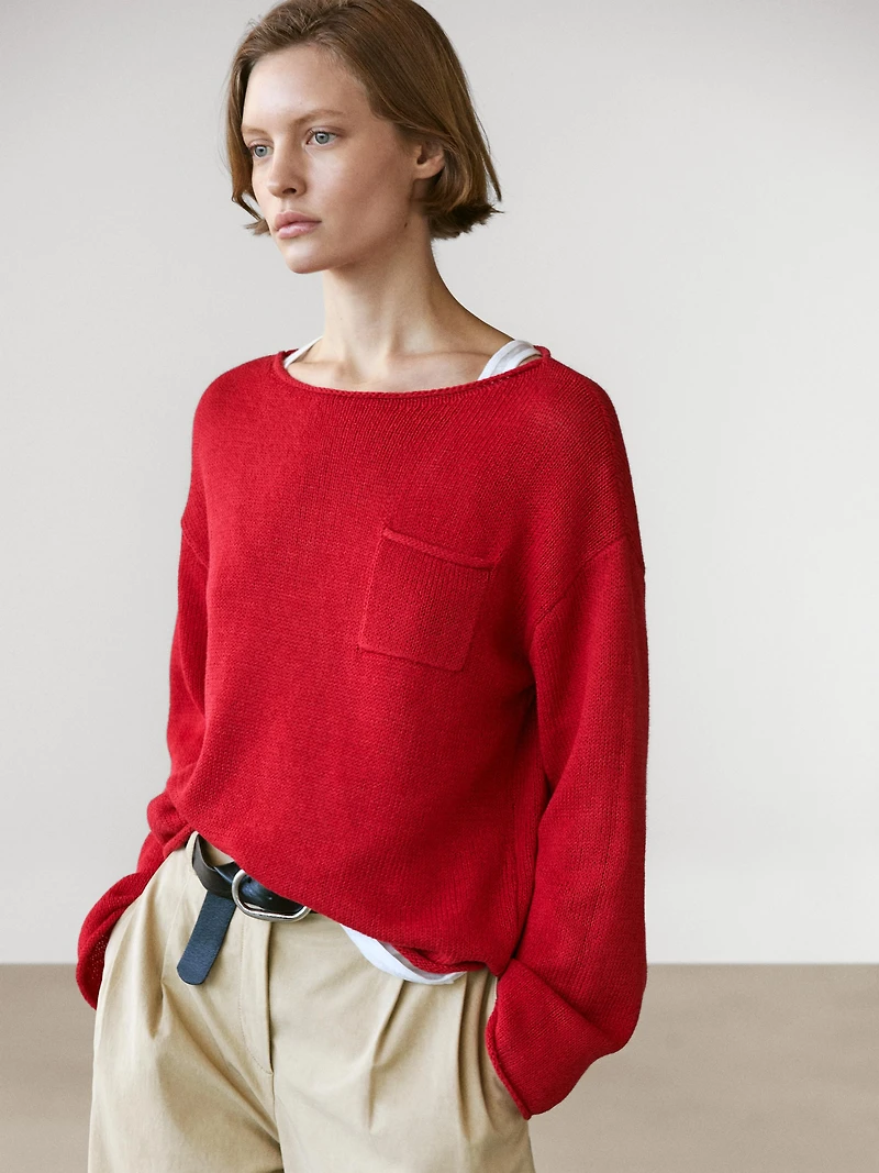 Cotton and linen knit sweater with pocket detail