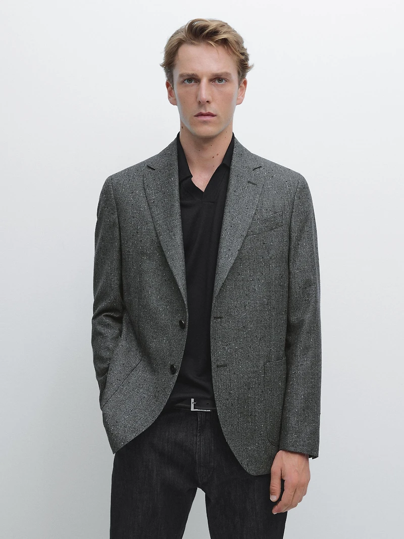Blazer à carreaux texturé en laine mélangée