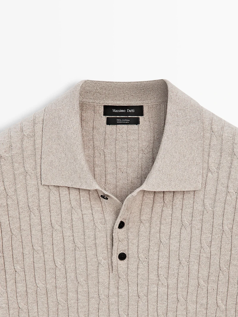 Cotton blend cable-knit polo sweater