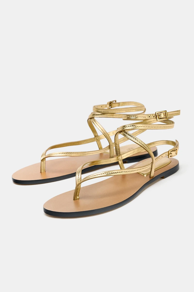 METALLIC EFFECT STRAPPY LEATHER SANDALS