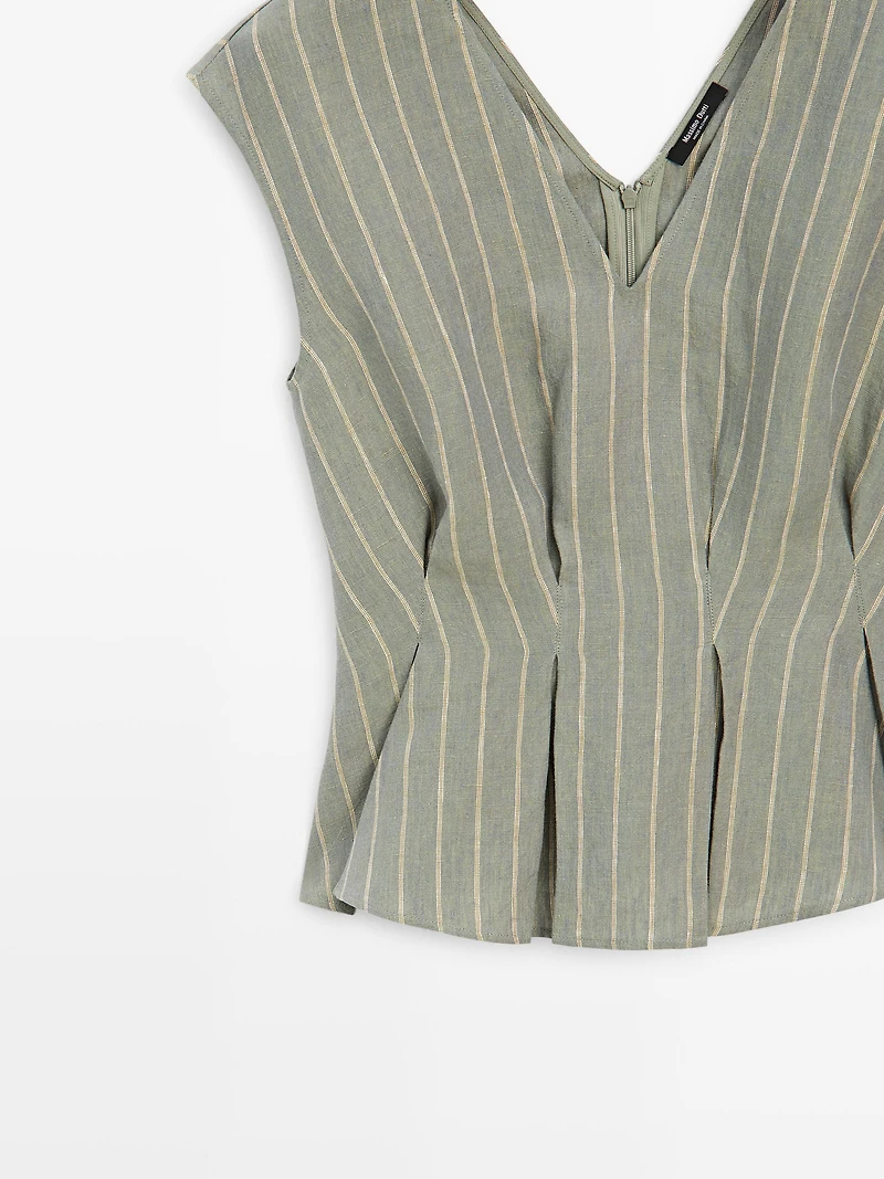 100% linen striped top with pleated details