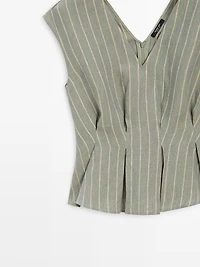 100% linen striped top with pleated details