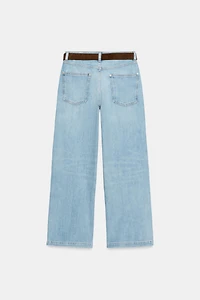 HIGH-WAISTED WIDE LEG CROPPED BELTED JEANS