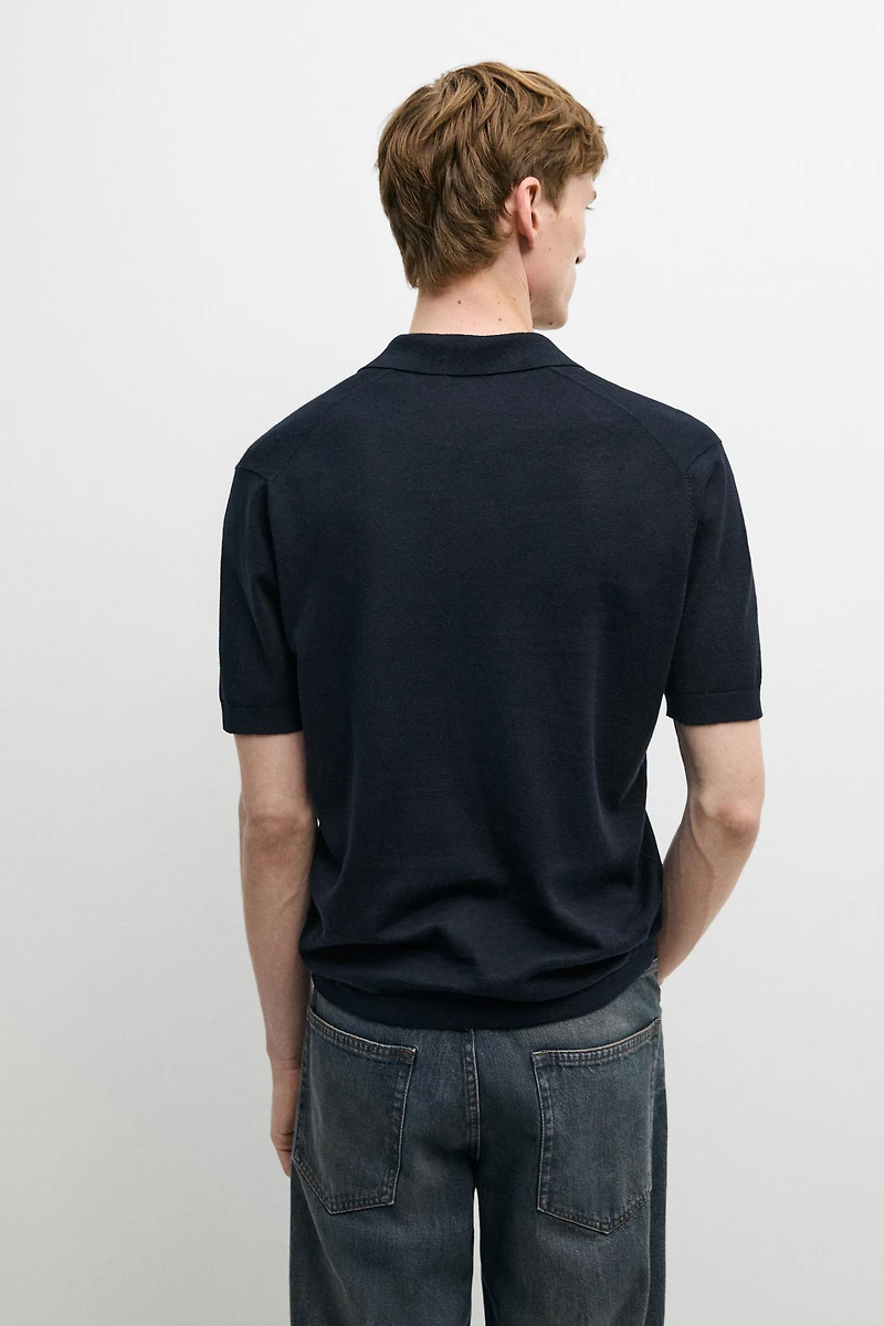 Cotton and linen knit polo sweater