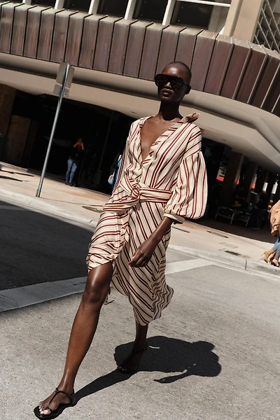 STRIPED BELTED MIDI DRESS