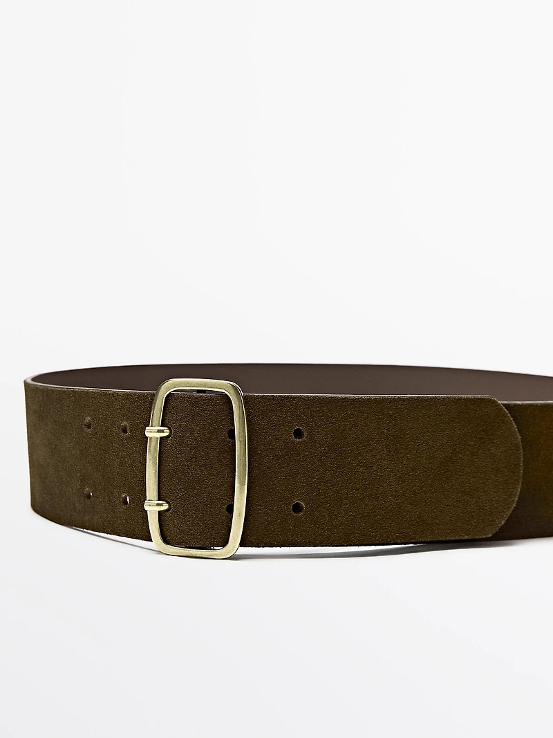 Split suede belt with rectangular buckle