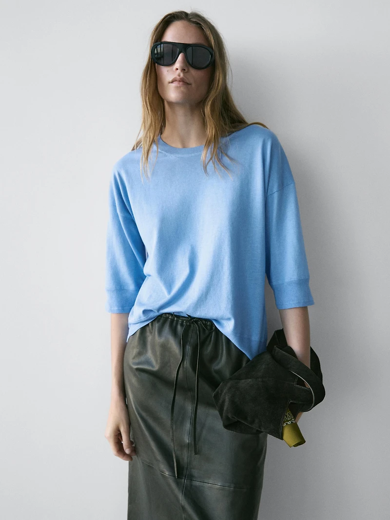 Cotton blend knit short-sleeve sweater