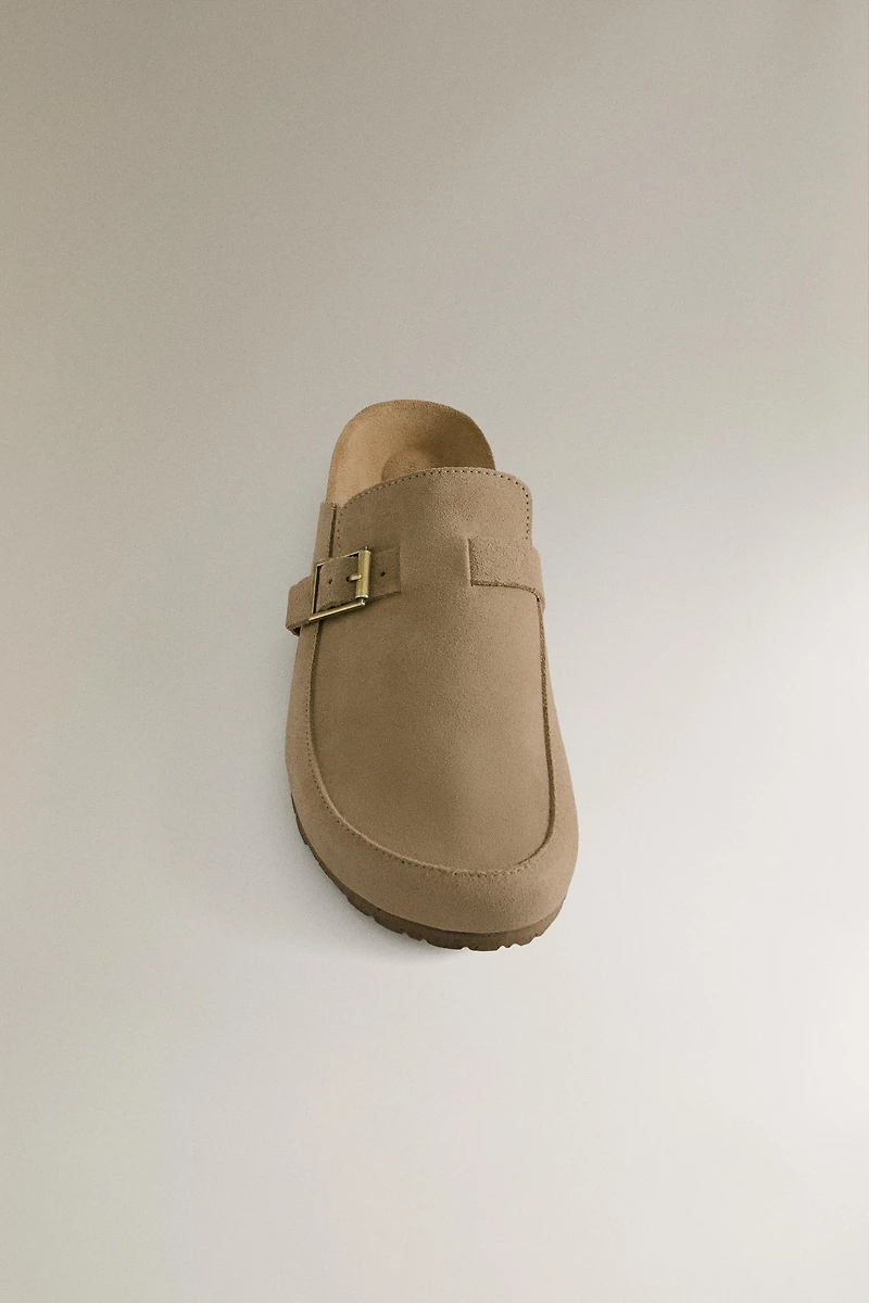 LEATHER MULE CLOG SLIPPERS WITH BUCKLE