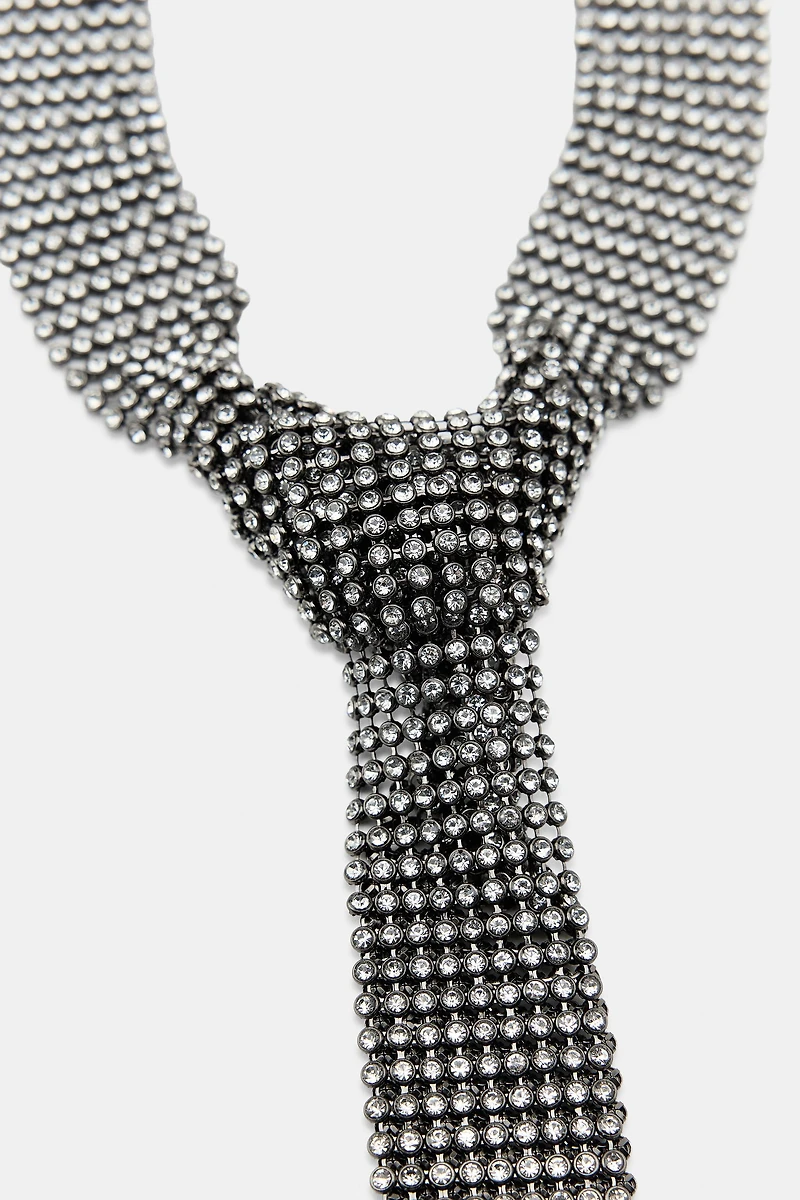 METALLIC RHINESTONE TIE NECKLACE