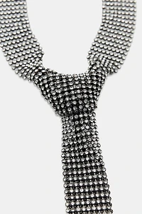 METALLIC RHINESTONE TIE NECKLACE