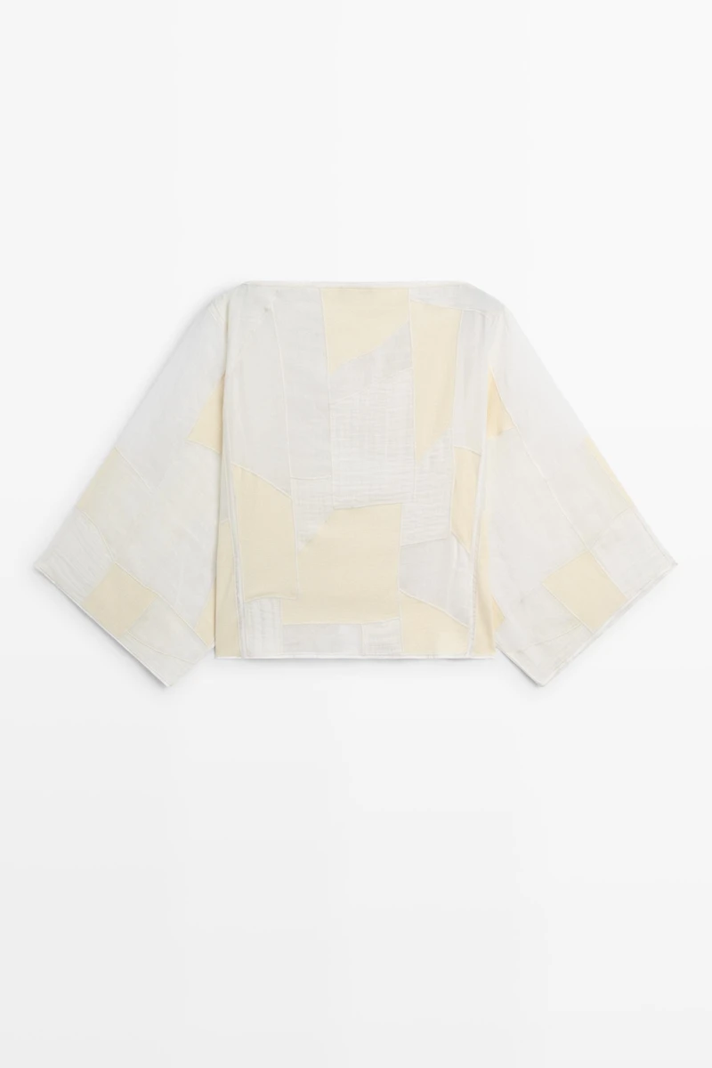 Patchwork print boat neck blouse
