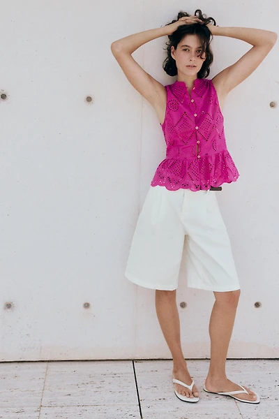 EMBROIDERED EYELET PEPLUM TOP