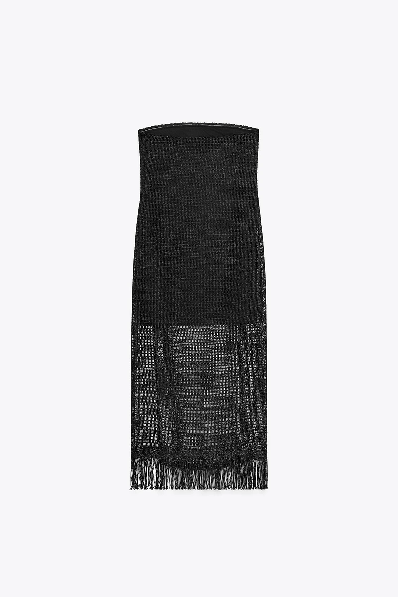 FRINGED STRAPLESS MIDI DRESS