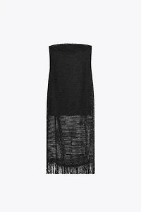 FRINGED STRAPLESS MIDI DRESS