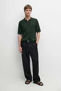 Ribbed knit cotton blend polo shirt