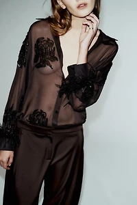 SEMI-SHEER SEQUIN FEATHER BLOUSE