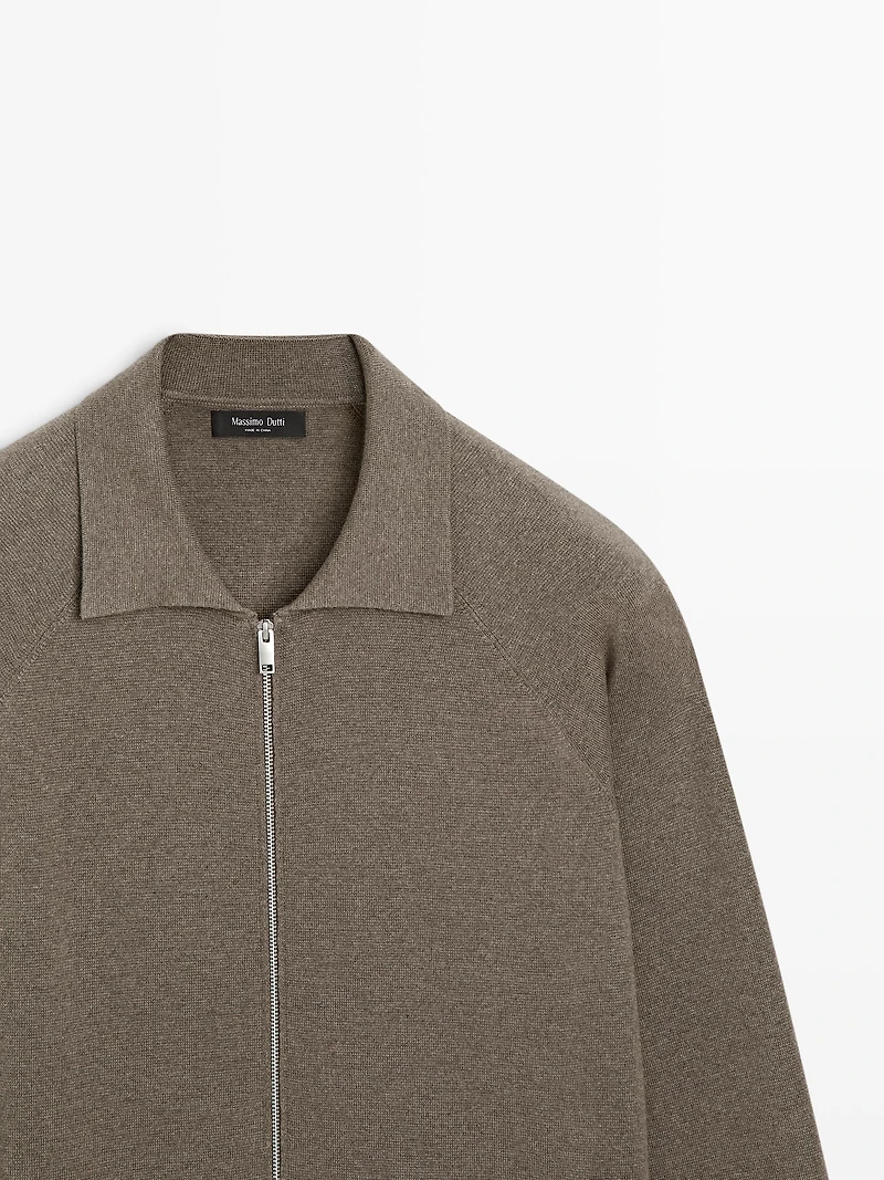 Cotton blend zip-up knit cardigan