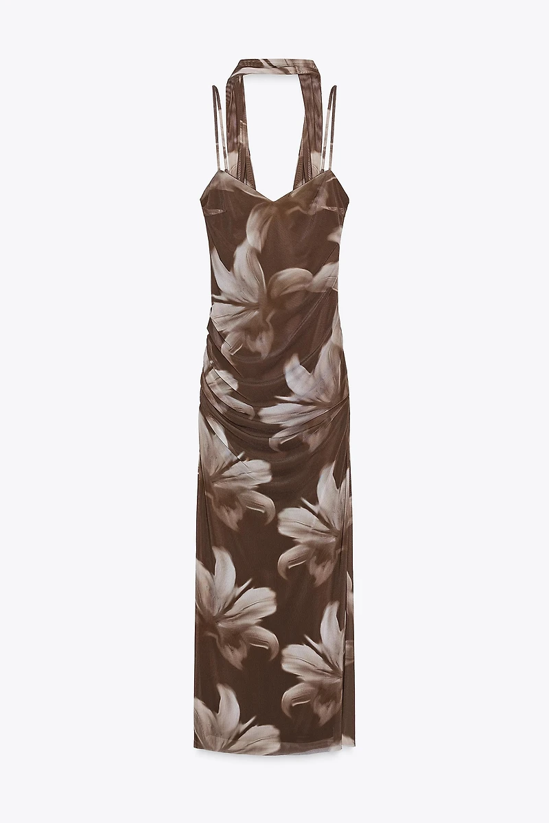 TULLE PRINT MIDI DRESS WITH FOULARD