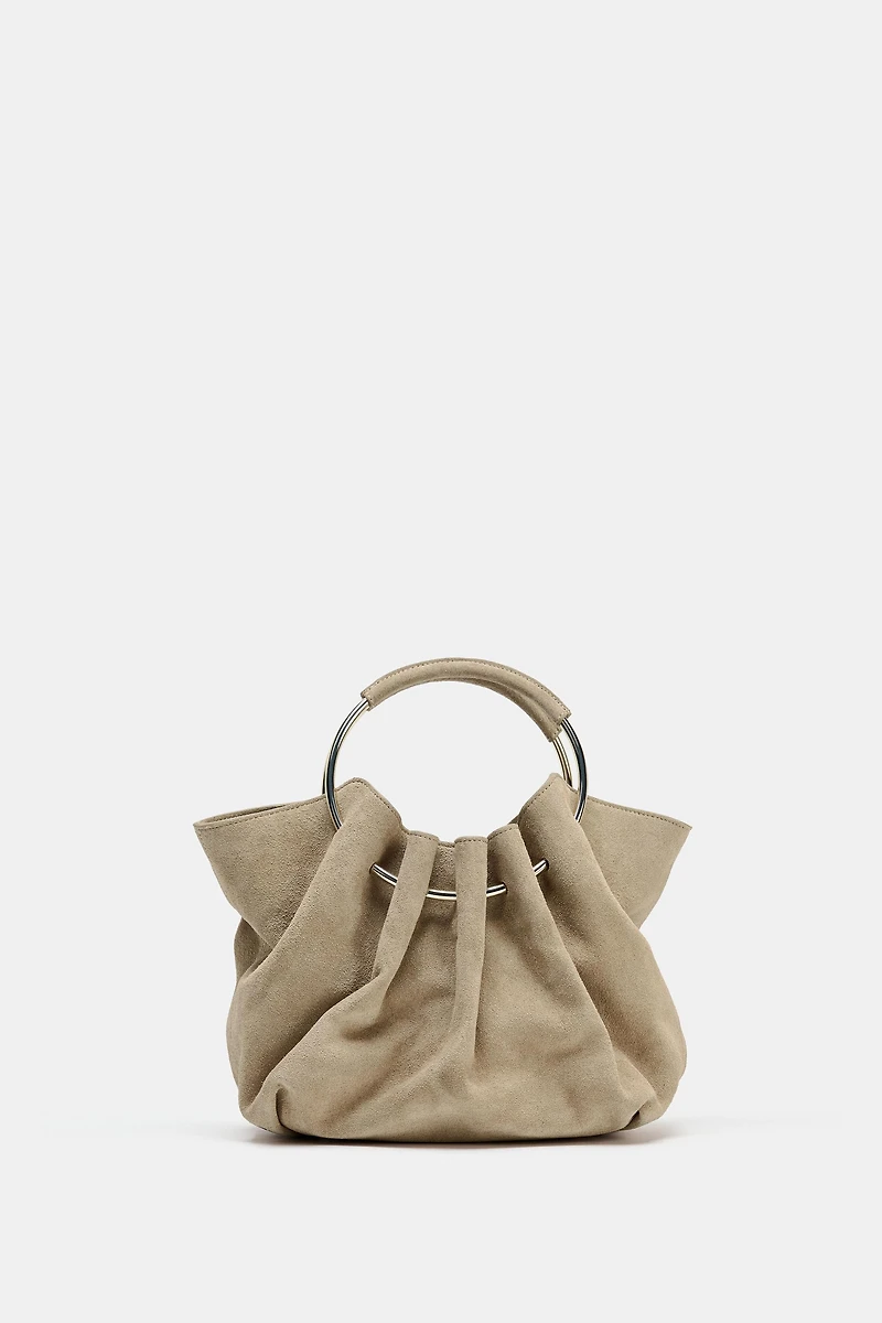 RIGID HANDLE SPLIT LEATHER BUCKET BAG