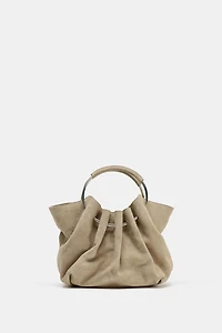 RIGID HANDLE SPLIT LEATHER BUCKET BAG
