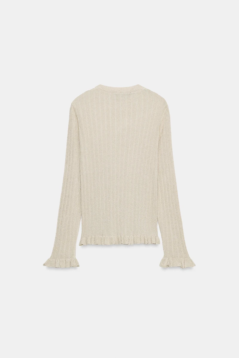 METALLIC THREAD RUFFLED KNIT CARDIGAN