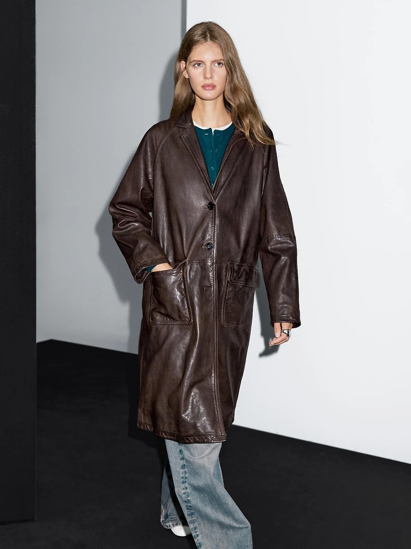 Manteau long en cuir nappa