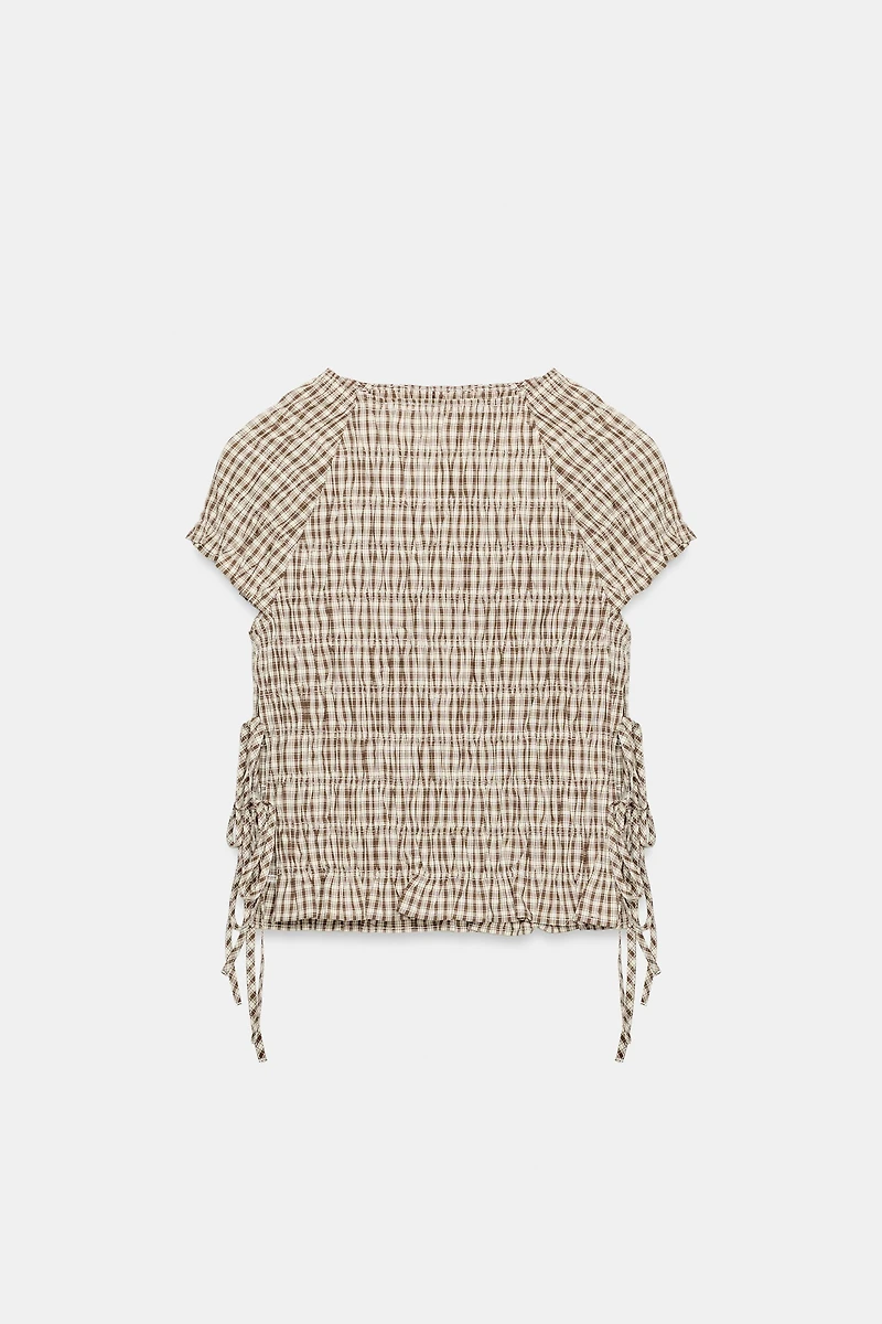 PLAID POPLIN RUCHED TOP